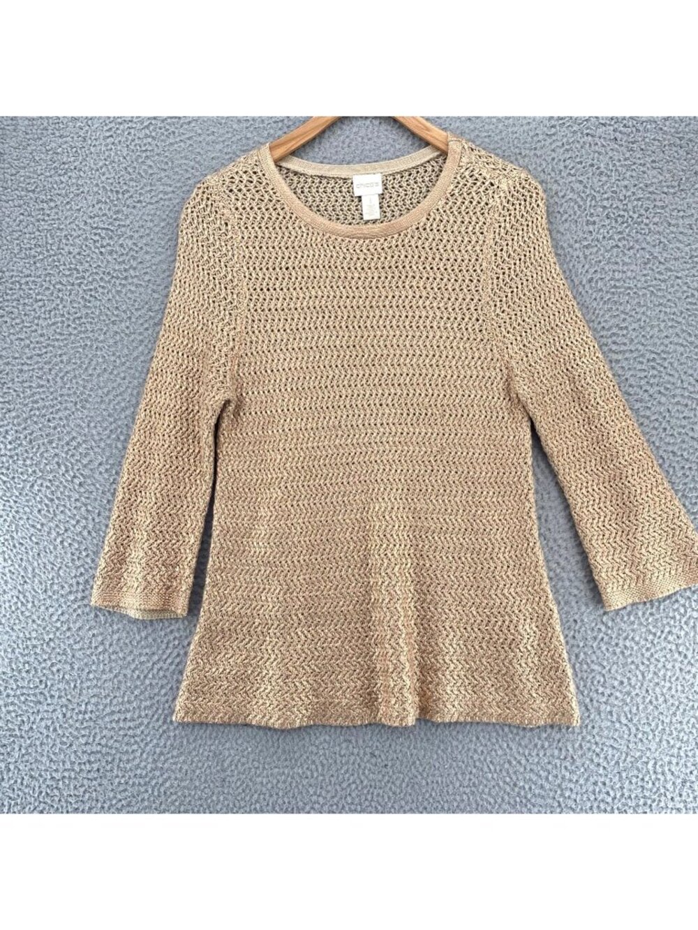 Chicos Sweater Womens 1 US Medium Gold Foiled 3/4 Sleeves Scoop Neck Loose Knit